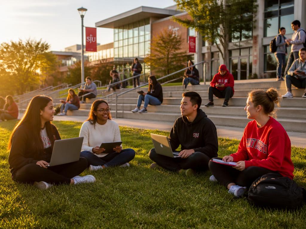 College students studying outdoors on campus with laptops and handheld devices