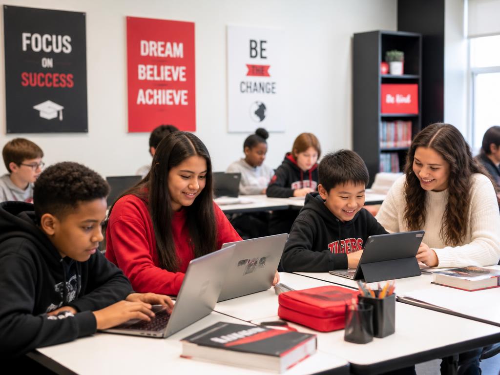 Students learning together in a modern classroom with laptops and tablets