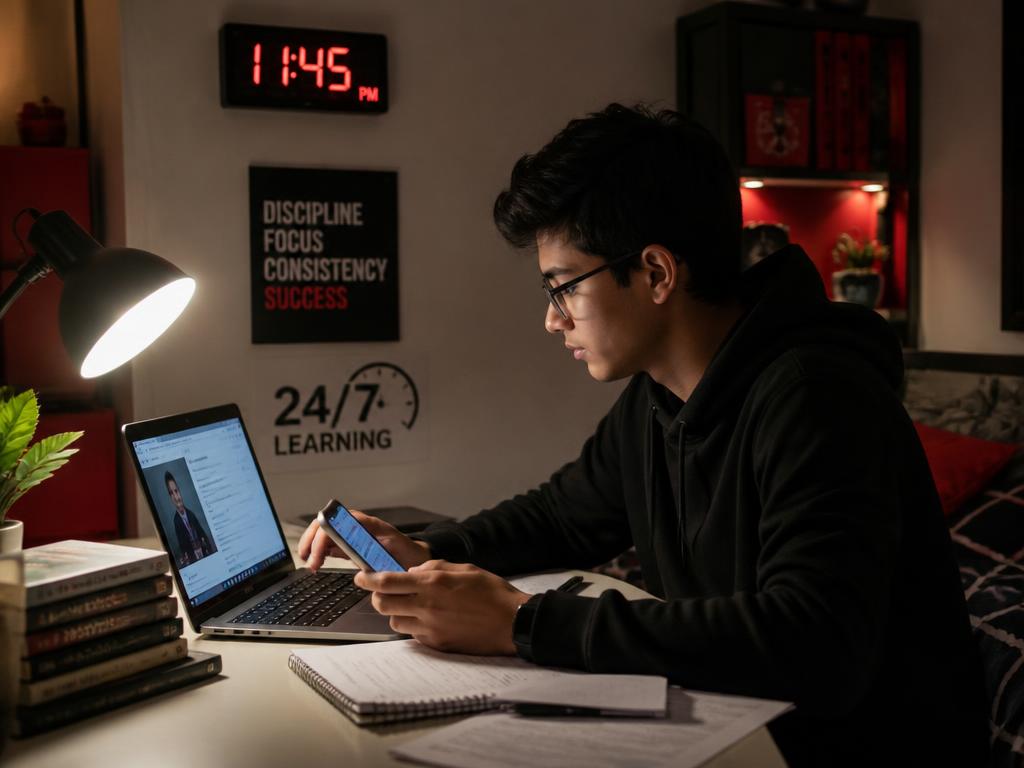 Student learning at night from a laptop and smartphone showing 24/7 learning