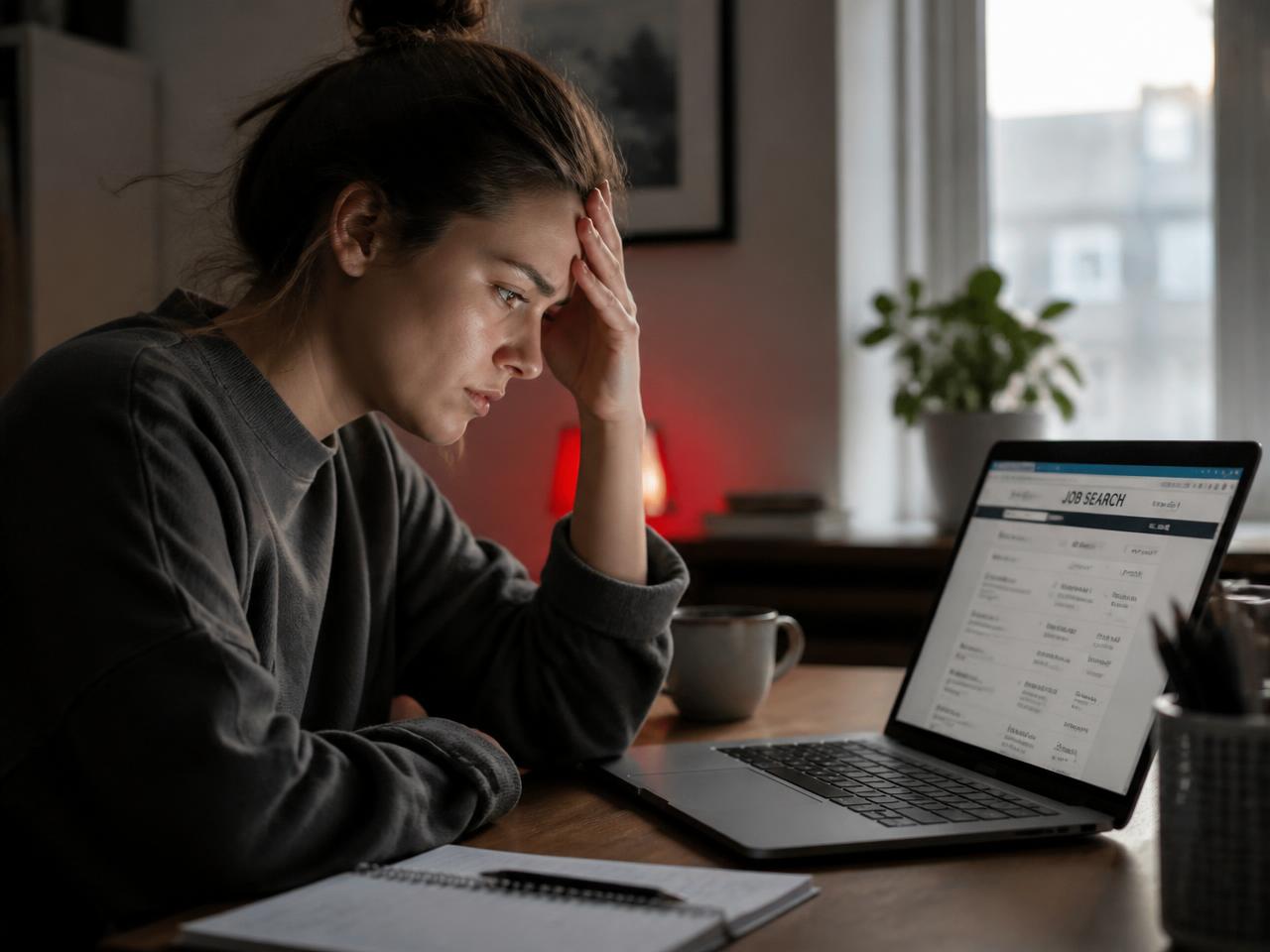 Frustrated young woman at her laptop scrolling recruiter and job board career pages